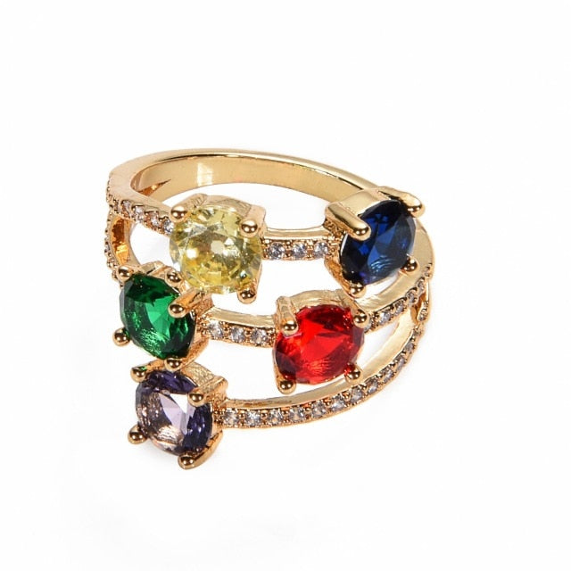 Women's copper CZ Gold Crown rainbow Rings Geometry wedding  Engagement Ring femme for party gift charm Rhinestone ins Jewelry
