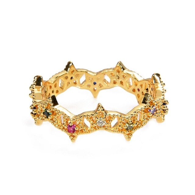 Women's copper CZ Gold Crown rainbow Rings Geometry wedding  Engagement Ring femme for party gift charm Rhinestone ins Jewelry