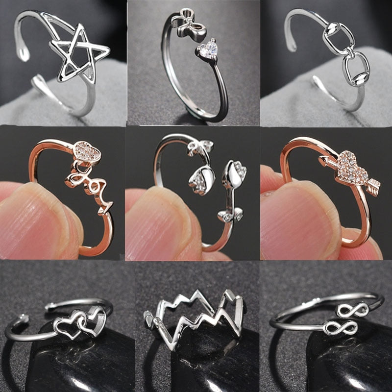 Minimalism Women Adjustable Stainless Steel Rings Romantic Heart Rhinestone Wedding Rings For Women Girls Jewelry