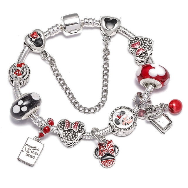 TOGORY Dropshipping Pink Lovely Mickey Pendant Beads Charm Bracelets For Women Cartoon Minnie Fine Bracelets Children Girls