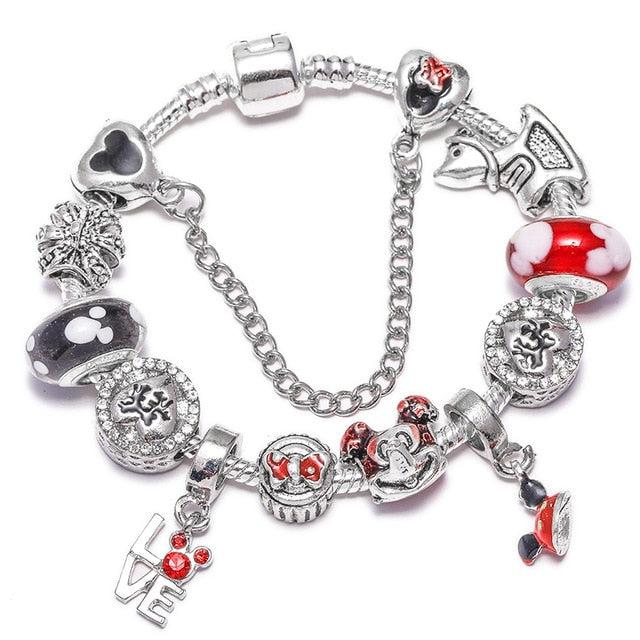 TOGORY Dropshipping Pink Lovely Mickey Pendant Beads Charm Bracelets For Women Cartoon Minnie Fine Bracelets Children Girls