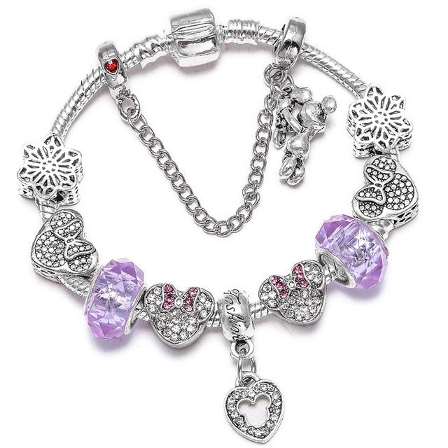 TOGORY Dropshipping Pink Lovely Mickey Pendant Beads Charm Bracelets For Women Cartoon Minnie Fine Bracelets Children Girls