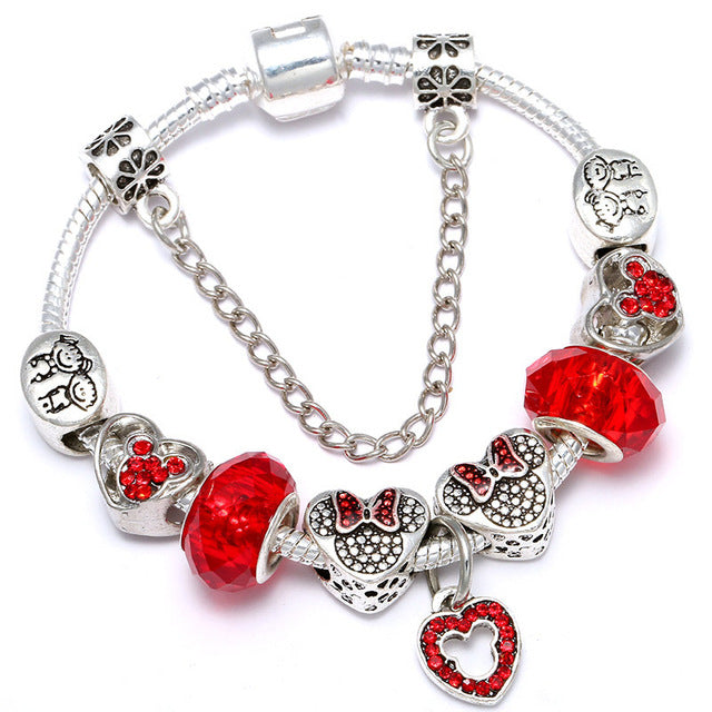 TOGORY Dropshipping Pink Lovely Mickey Pendant Beads Charm Bracelets For Women Cartoon Minnie Fine Bracelets Children Girls