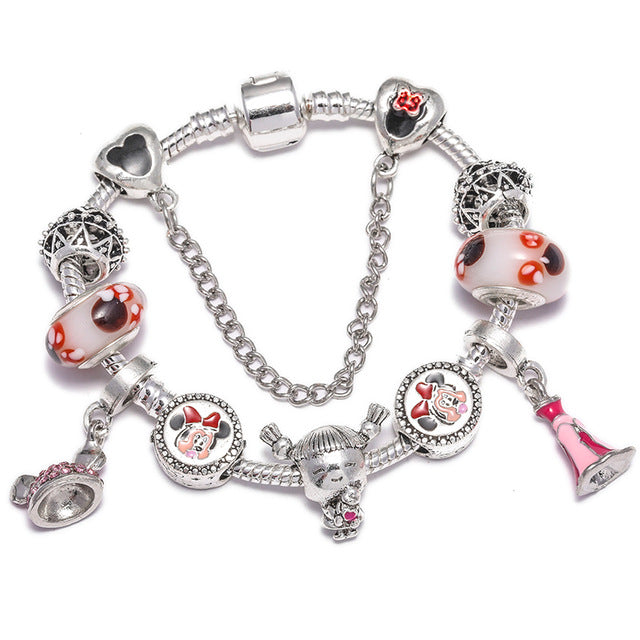TOGORY Dropshipping Pink Lovely Mickey Pendant Beads Charm Bracelets For Women Cartoon Minnie Fine Bracelets Children Girls