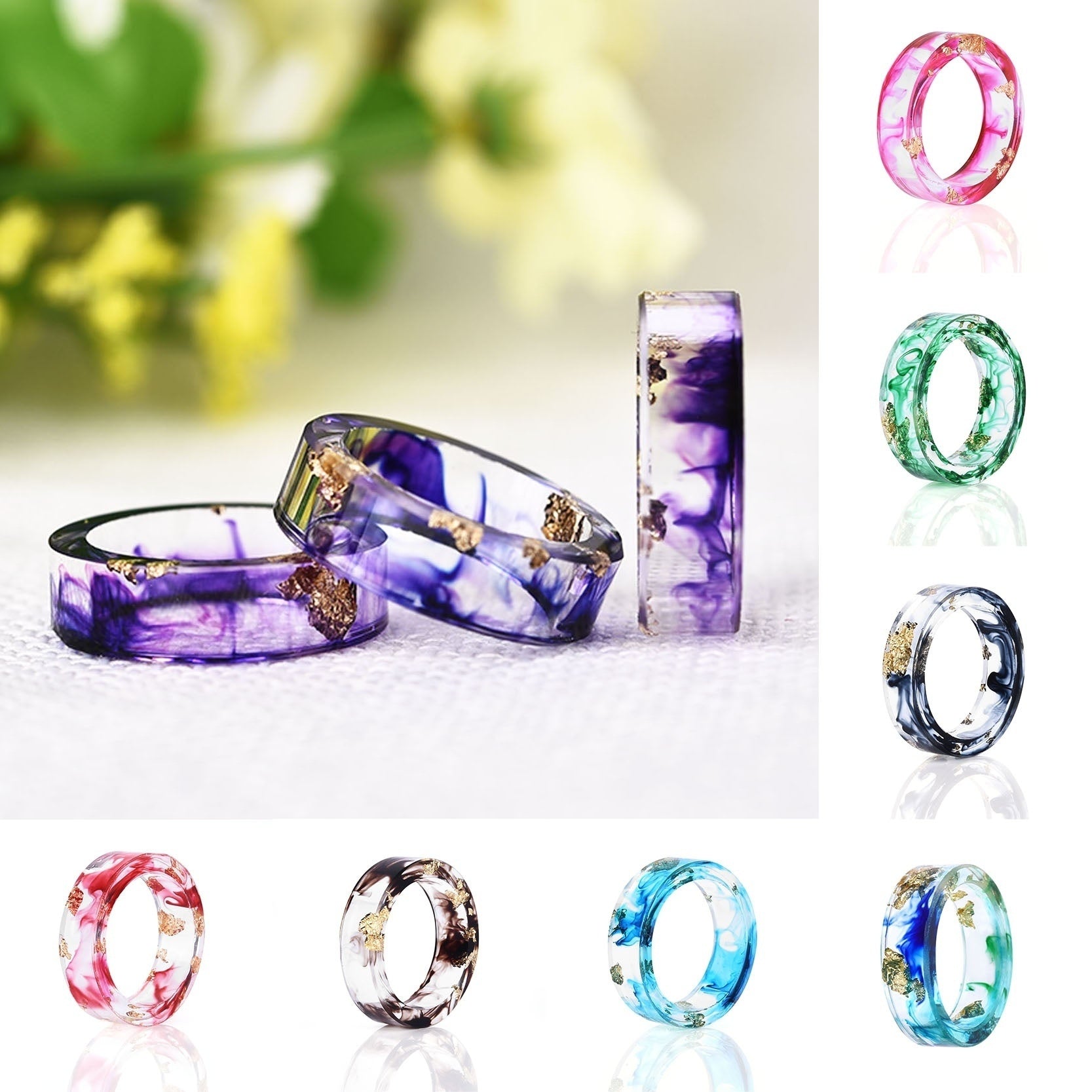 9 Colors Gold Foil Paper Inside Epoxy Resin Ring Transparent Handmade Dried Flower Resin Rings for Women Party Jewelry Dropship