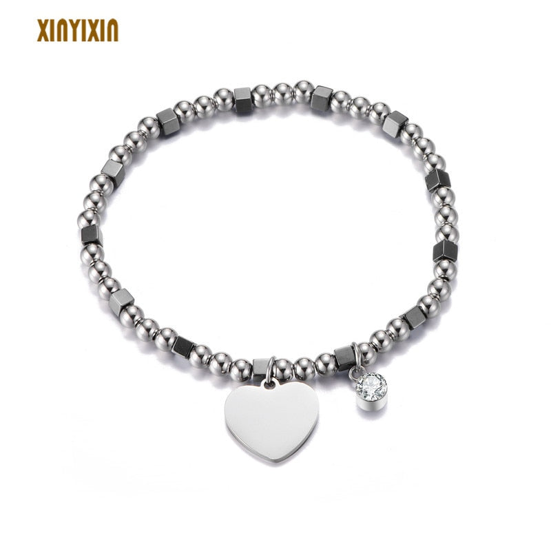 Boho Silver Cute Heart Stainless Steel Bracelet Women Round Crystal Elastic Beads Strand Bracelet Mother Day Gift 2019 Jewelry