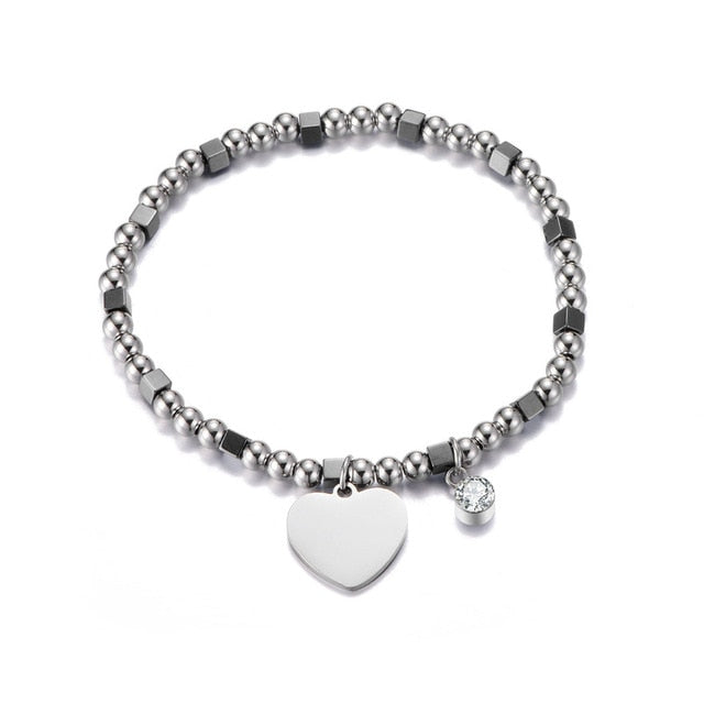Boho Silver Cute Heart Stainless Steel Bracelet Women Round Crystal Elastic Beads Strand Bracelet Mother Day Gift 2019 Jewelry