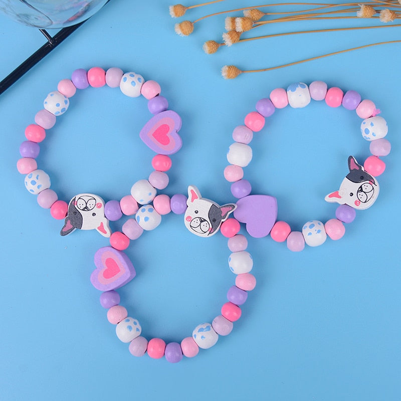 3Pcs/Set Cartoon Dog Animal Wood Beads Girls Jewelry Kids Children Bracelet