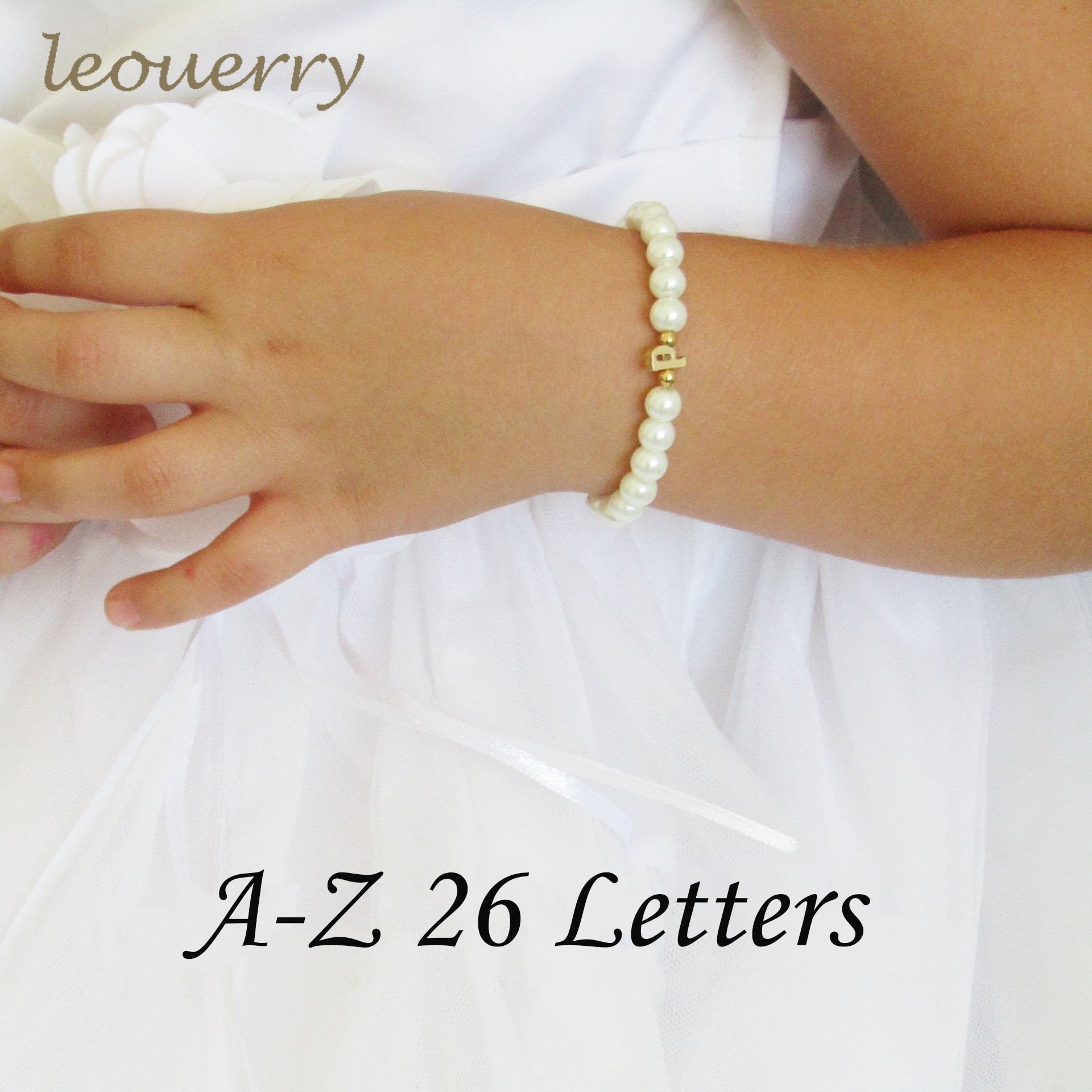 Leouerry 26 Gold Initial Flower Girl Imitation Glass Pearl Bracelet Children Girls Wedding Jewelry Kids Pearl Beads Bracelet