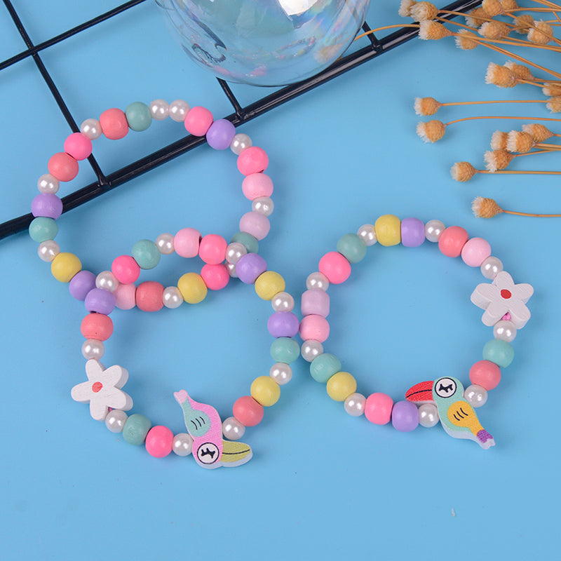 3Pcs/Set Lovely Kids Cartoon Bird Flower Wood Beads Bracelets Children Bracelets Birthday Party Jewelry Gift