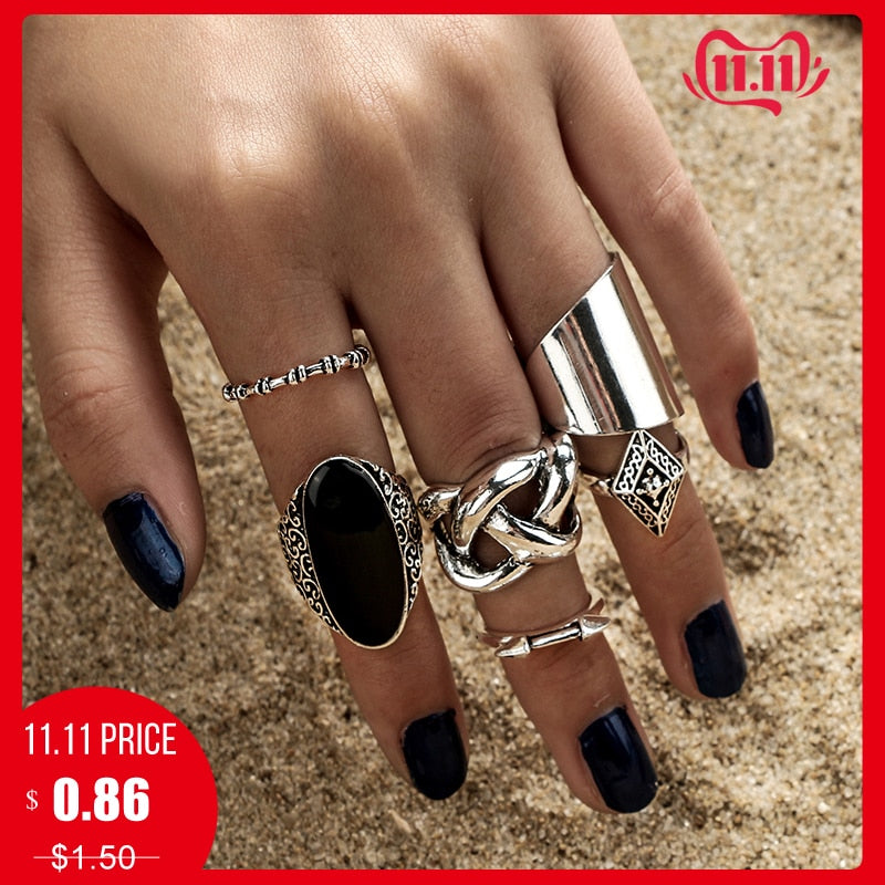 docona  5pcs/Set Fashion High Quality Bohemia Style Rings Set Classic Shape Pattern Crystal Pendant for Women Charm Jewelry