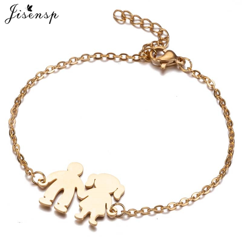 Jisensp Fashion Stainless Steel Figure Family Bracelets With Daughter Son Charm Adjustable Gold Bracelets for Kids Mother Gift