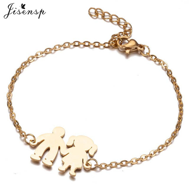 Jisensp Fashion Stainless Steel Figure Family Bracelets With Daughter Son Charm Adjustable Gold Bracelets for Kids Mother Gift