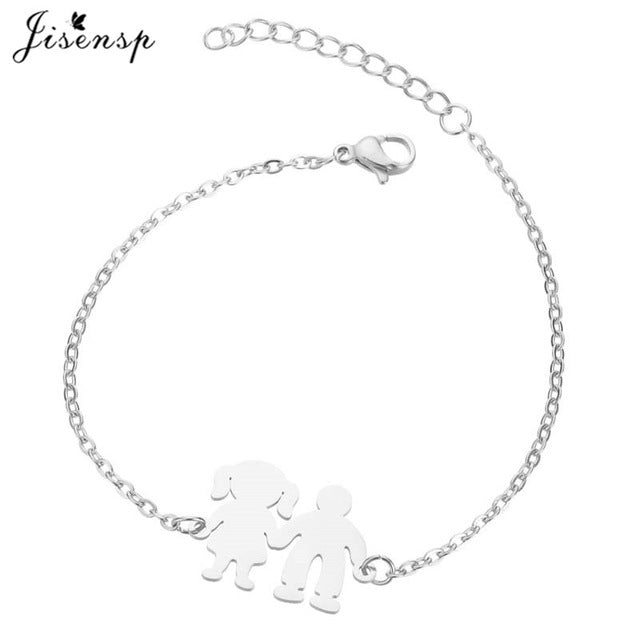 Jisensp Fashion Stainless Steel Figure Family Bracelets With Daughter Son Charm Adjustable Gold Bracelets for Kids Mother Gift
