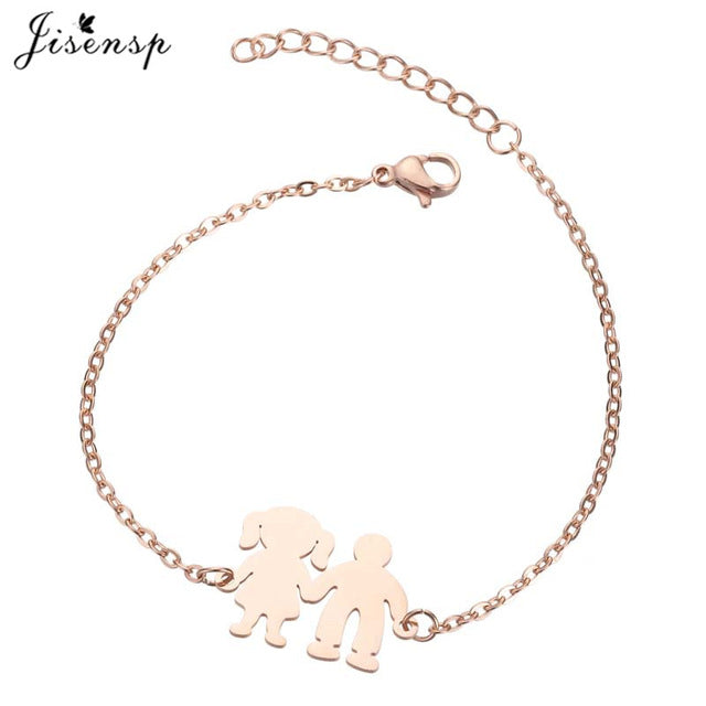 Jisensp Fashion Stainless Steel Figure Family Bracelets With Daughter Son Charm Adjustable Gold Bracelets for Kids Mother Gift