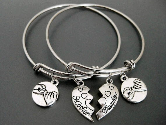 Ancient Silver Mother Daughter Separable Heart-shaped Hand In Hand Pendant Bracelet New Style Parent-child Jewelry Holiday Gift