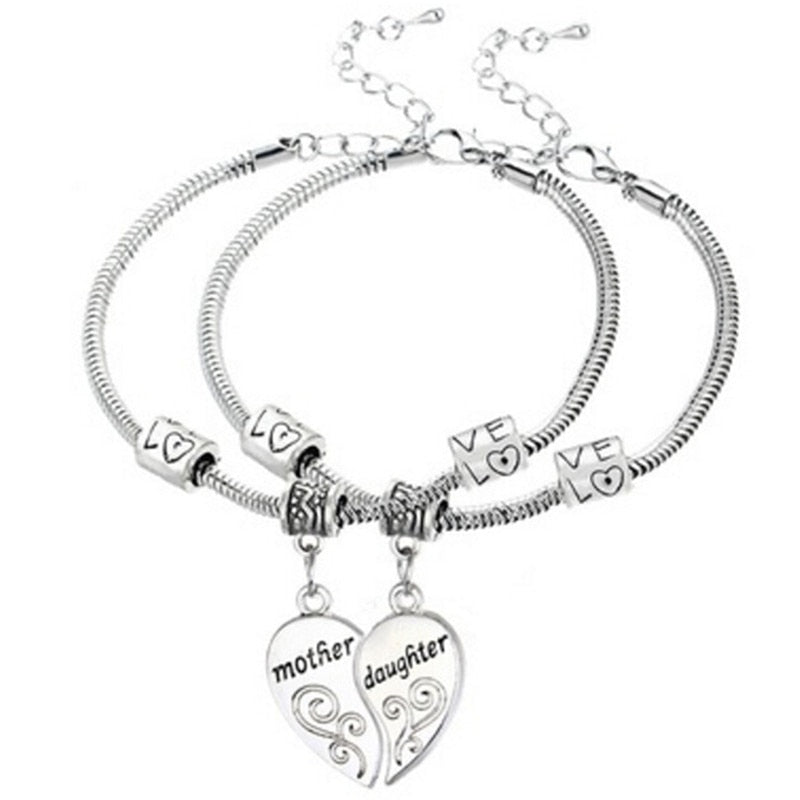 2Pcs/set Heart Bracelet Mother Daughter Broken Splicing Bangle Silver Plated Mom Women Girl Femme Statement Bracelet Jewelry