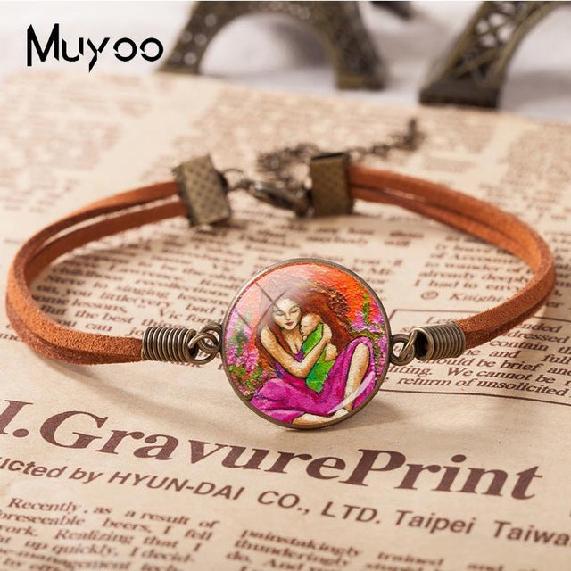 2018 New Mother And Children Leather Bracelet Baby with Mommy Bracelets Glass Dome Cabochon Jewelry Mother's Day Gift