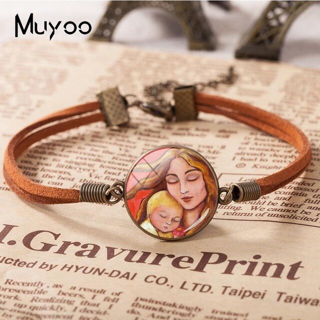 2018 New Mother And Children Leather Bracelet Baby with Mommy Bracelets Glass Dome Cabochon Jewelry Mother's Day Gift