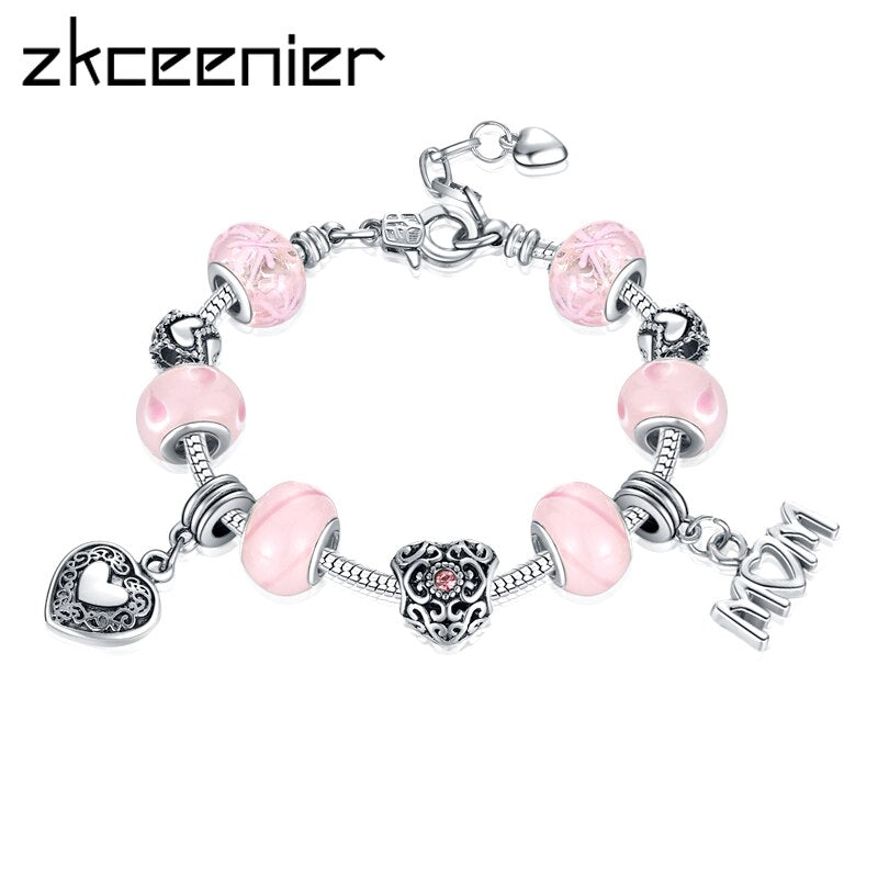 2018 New Arrival Mother Gift Pink Love Glass Beads Bracelet Sliver Color European MOM P Bracelet DIY Jewelry Free Shipping