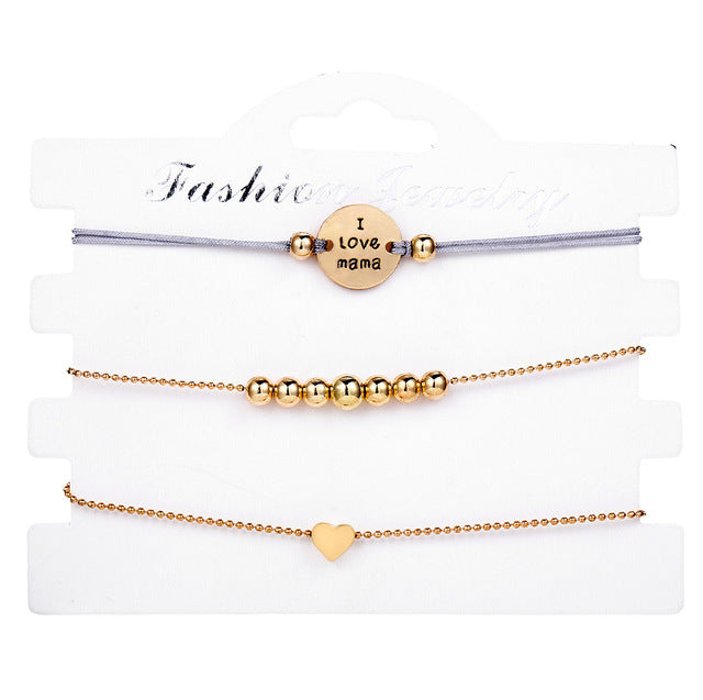3Pc/set Golden Love Beaded Bracelet Rope Chain Women's Bracelet Mother's Day Gifts for Mother