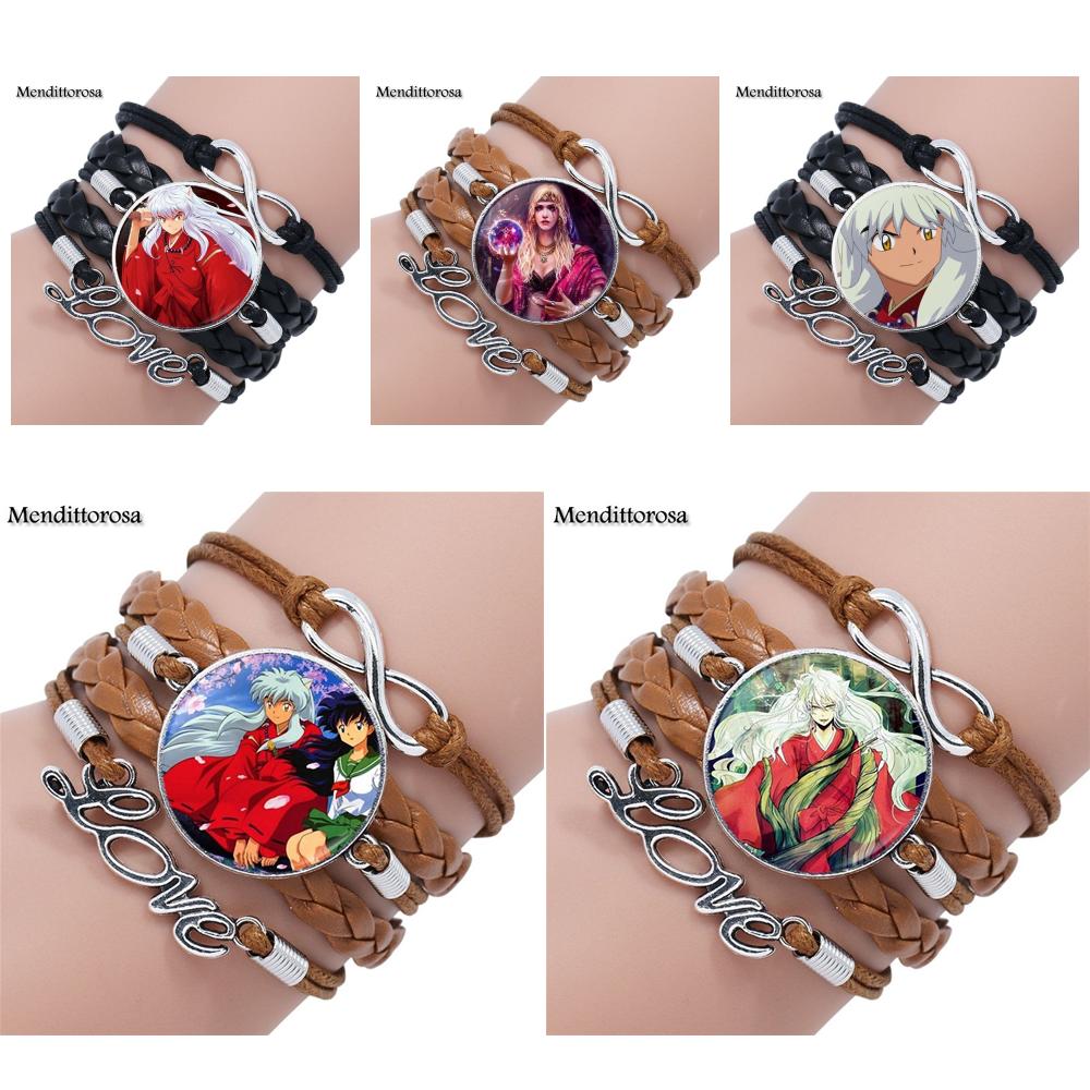 Mendittorosa Inuyasha Kids Jewelry With Glass Cabochon Multilayer Black/Brown Leather Bracelet Bangle For Women Children