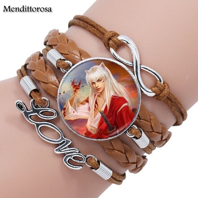 Mendittorosa Inuyasha Kids Jewelry With Glass Cabochon Multilayer Black/Brown Leather Bracelet Bangle For Women Children