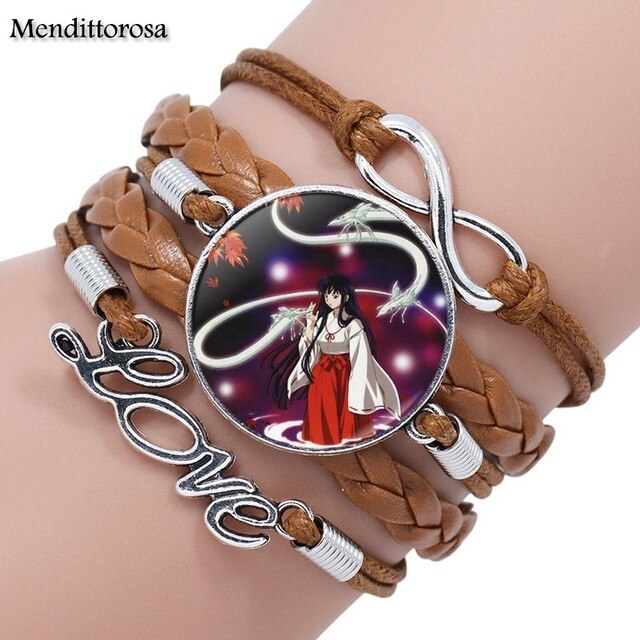 Mendittorosa Inuyasha Kids Jewelry With Glass Cabochon Multilayer Black/Brown Leather Bracelet Bangle For Women Children