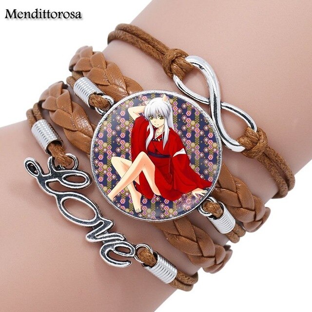 Mendittorosa Inuyasha Kids Jewelry With Glass Cabochon Multilayer Black/Brown Leather Bracelet Bangle For Women Children