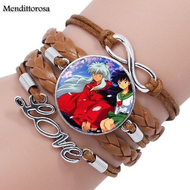 Mendittorosa Inuyasha Kids Jewelry With Glass Cabochon Multilayer Black/Brown Leather Bracelet Bangle For Women Children