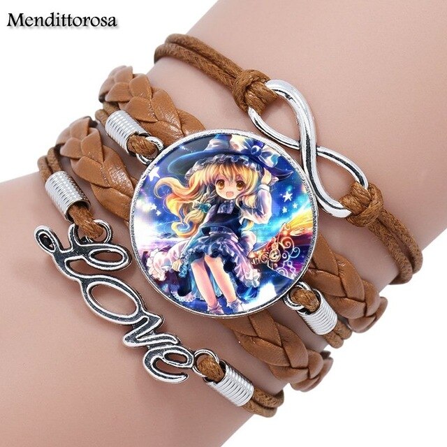 Mendittorosa Inuyasha Kids Jewelry With Glass Cabochon Multilayer Black/Brown Leather Bracelet Bangle For Women Children