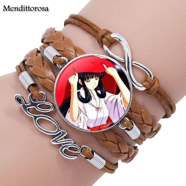 Mendittorosa Inuyasha Kids Jewelry With Glass Cabochon Multilayer Black/Brown Leather Bracelet Bangle For Women Children