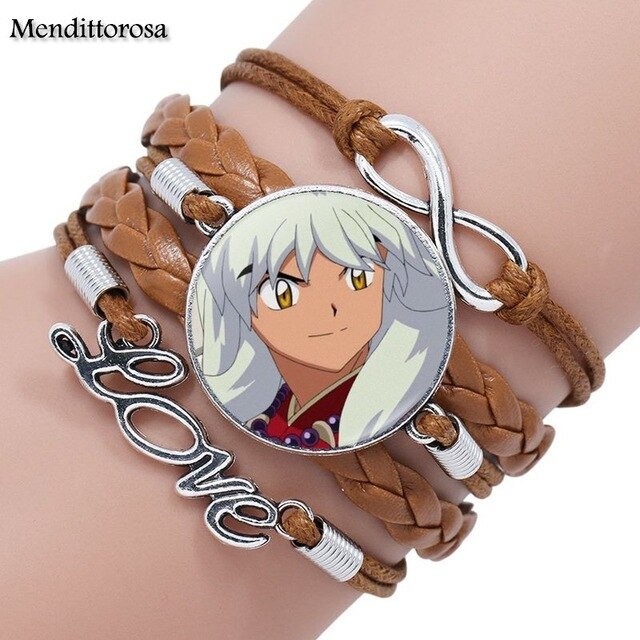 Mendittorosa Inuyasha Kids Jewelry With Glass Cabochon Multilayer Black/Brown Leather Bracelet Bangle For Women Children