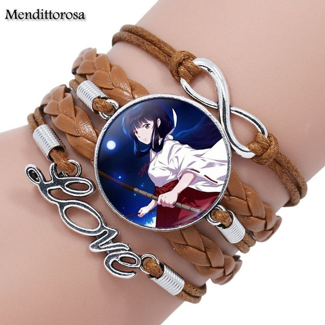 Mendittorosa Inuyasha Kids Jewelry With Glass Cabochon Multilayer Black/Brown Leather Bracelet Bangle For Women Children