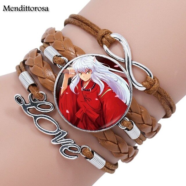 Mendittorosa Inuyasha Kids Jewelry With Glass Cabochon Multilayer Black/Brown Leather Bracelet Bangle For Women Children