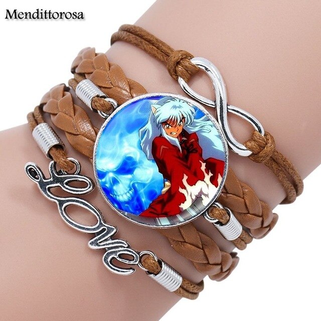 Mendittorosa Inuyasha Kids Jewelry With Glass Cabochon Multilayer Black/Brown Leather Bracelet Bangle For Women Children