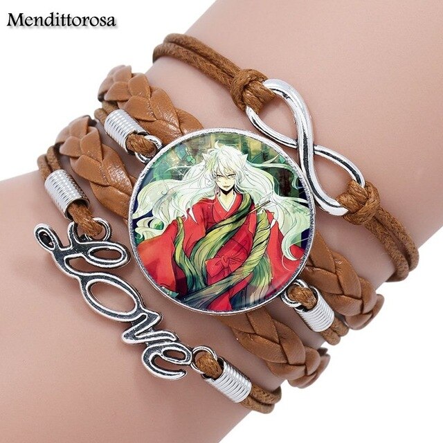 Mendittorosa Inuyasha Kids Jewelry With Glass Cabochon Multilayer Black/Brown Leather Bracelet Bangle For Women Children
