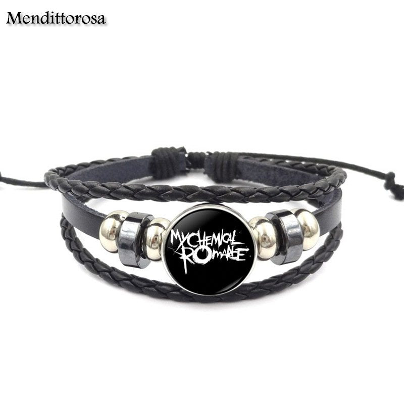 Mendittorosa Letter of My Chemical Romance Brand Jewelry Black Leather Bracelet Bangle Glass Dome For Child