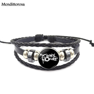 Mendittorosa Letter of My Chemical Romance Brand Jewelry Black Leather Bracelet Bangle Glass Dome For Child