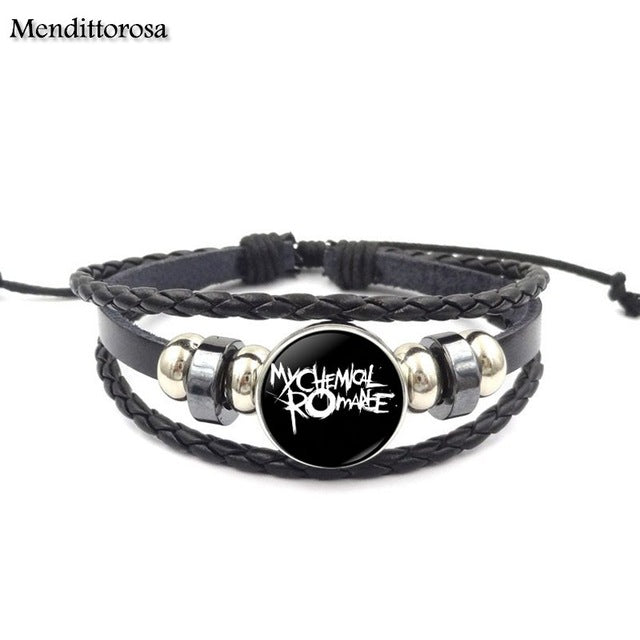 Mendittorosa Letter of My Chemical Romance Brand Jewelry Black Leather Bracelet Bangle Glass Dome For Child