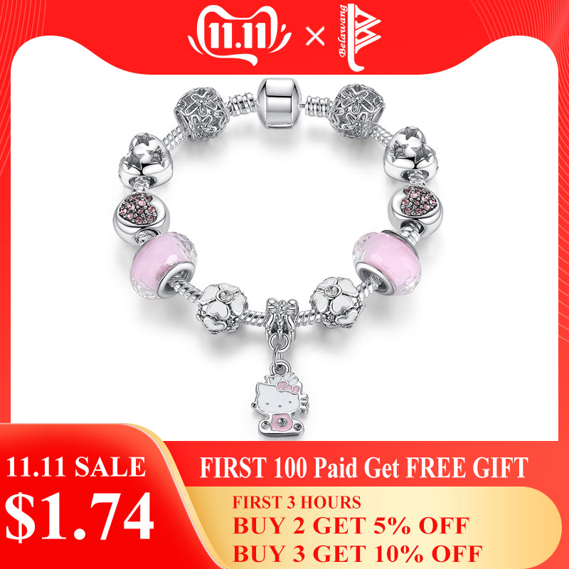 BELAWANG Trendy Children Cat Charm Bracelet for Kids Girl Murano Glass Beads Bracelet For Women Ladies DIY Fashion Jewelry
