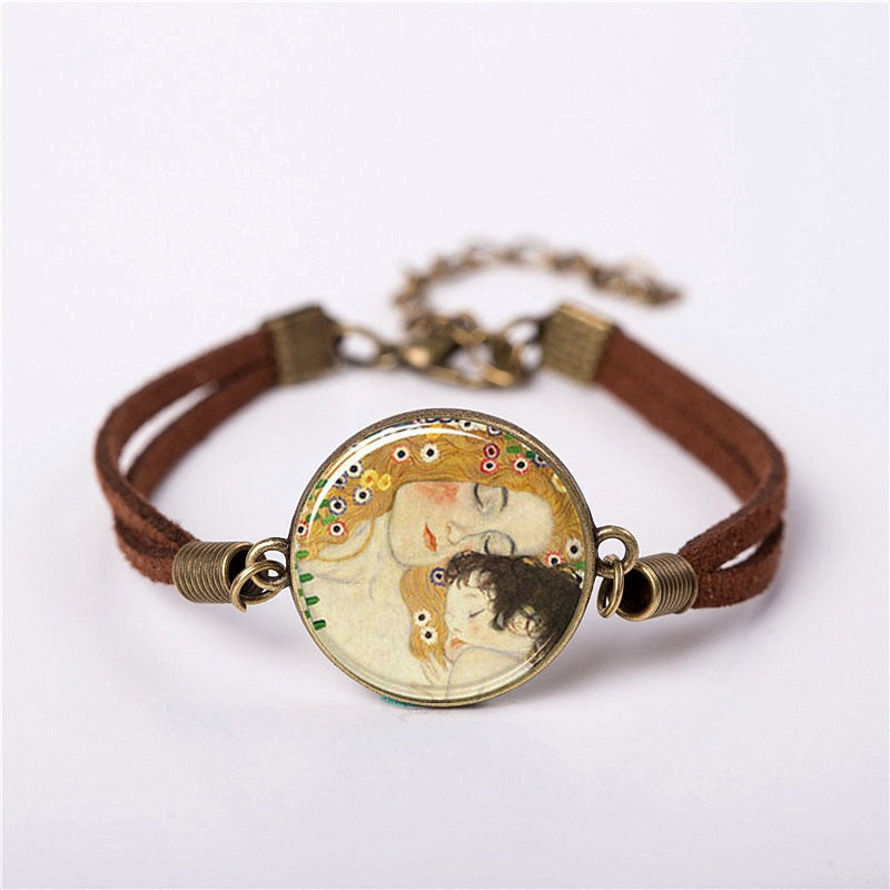 New Mother and Child by Gustav Klimt Art Photo Pendant Jewelry Vintage Fashion Leather Bracelet Gift Women Chain Men Necklace