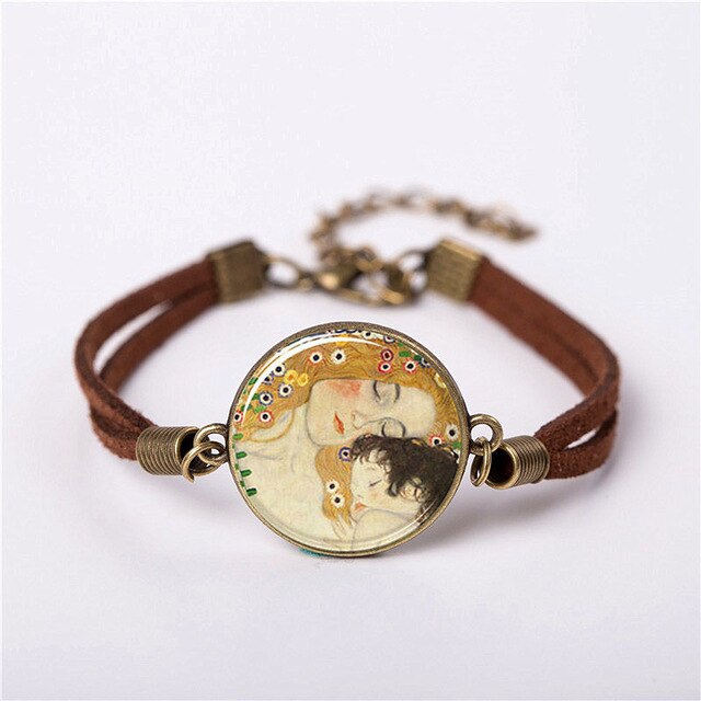 New Mother and Child by Gustav Klimt Art Photo Pendant Jewelry Vintage Fashion Leather Bracelet Gift Women Chain Men Necklace
