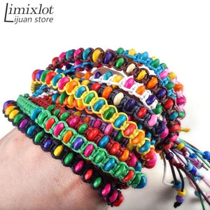 10pcs/lot Colorful Wood Beads Weave Rope String Children Girl Friendship Bracelets Handmade Charm Strand Bangle Beach Jewelry
