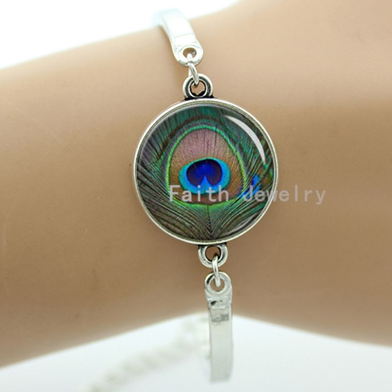 Peacock feather picture bracelet charm colorful feather steampunk Peacock Bird women's accessories mothers day jewelry gift T758
