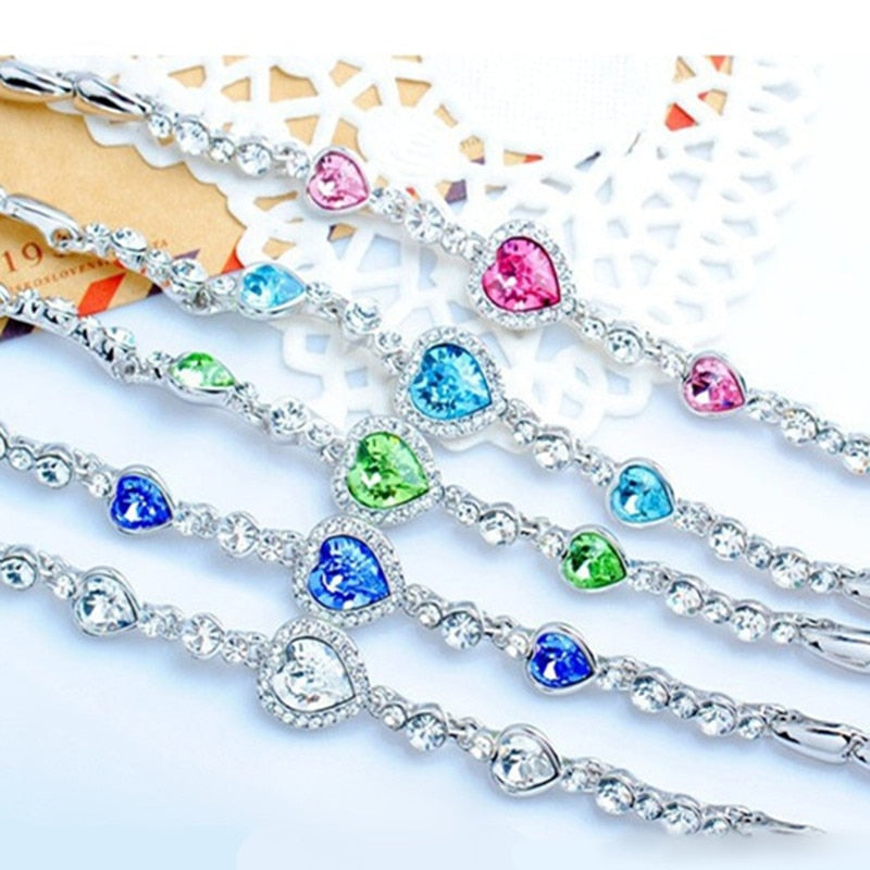 Fashion Hot Female Heart Crystal Bracelets For Women Girls Ocean Blue Sliver Plated Crystal Heart Bracelet Wedding Jewelry Gift