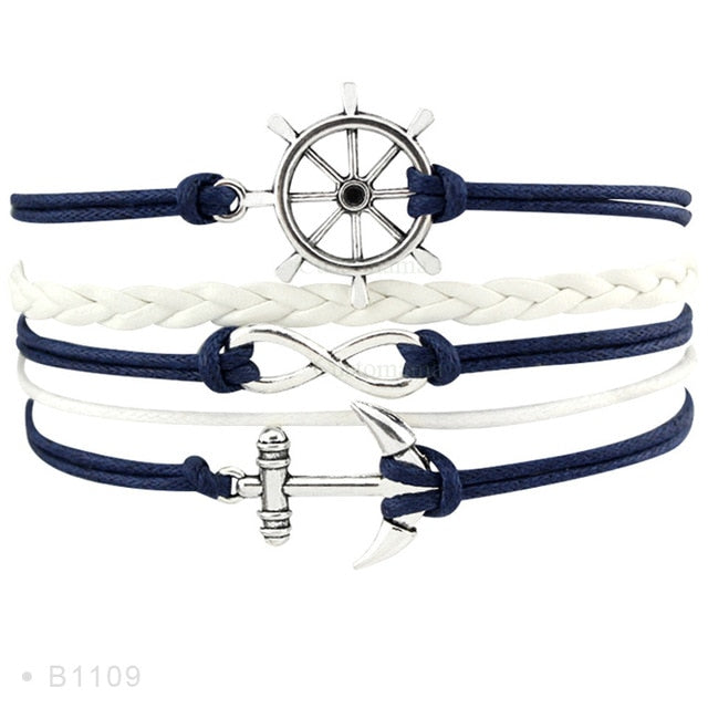 Rudder Compass Sailing Infinity Charm Bracelets Heart Cross Arrow Jewelry Black Blue Red Wax Cord Women Men Unisex Girl Gift
