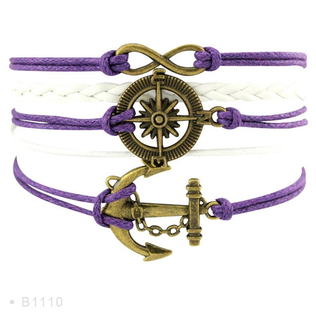 Rudder Compass Sailing Infinity Charm Bracelets Heart Cross Arrow Jewelry Black Blue Red Wax Cord Women Men Unisex Girl Gift