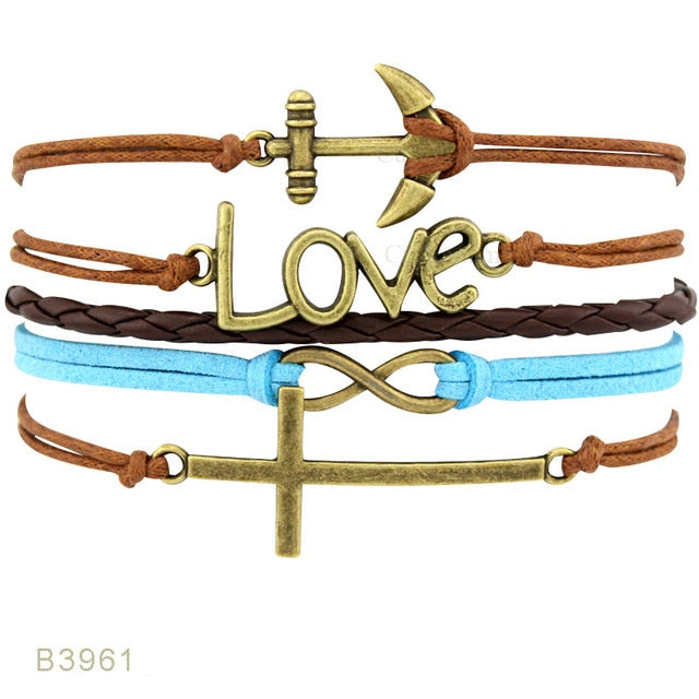 Rudder Compass Sailing Infinity Charm Bracelets Heart Cross Arrow Jewelry Black Blue Red Wax Cord Women Men Unisex Girl Gift