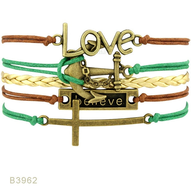 Rudder Compass Sailing Infinity Charm Bracelets Heart Cross Arrow Jewelry Black Blue Red Wax Cord Women Men Unisex Girl Gift